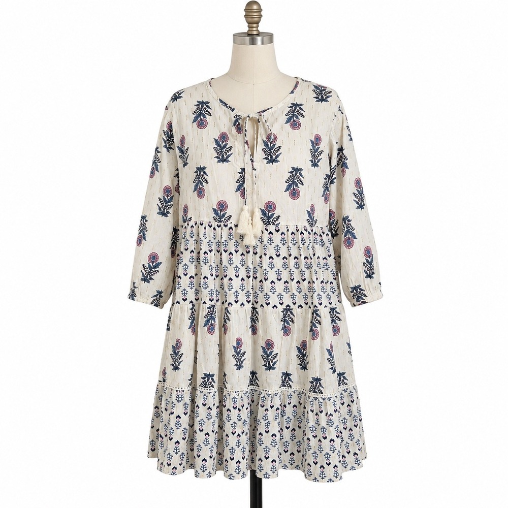 Debbie Katz South Beach Dress Womens Medium Ivory Floral Tiered Lurex Mini